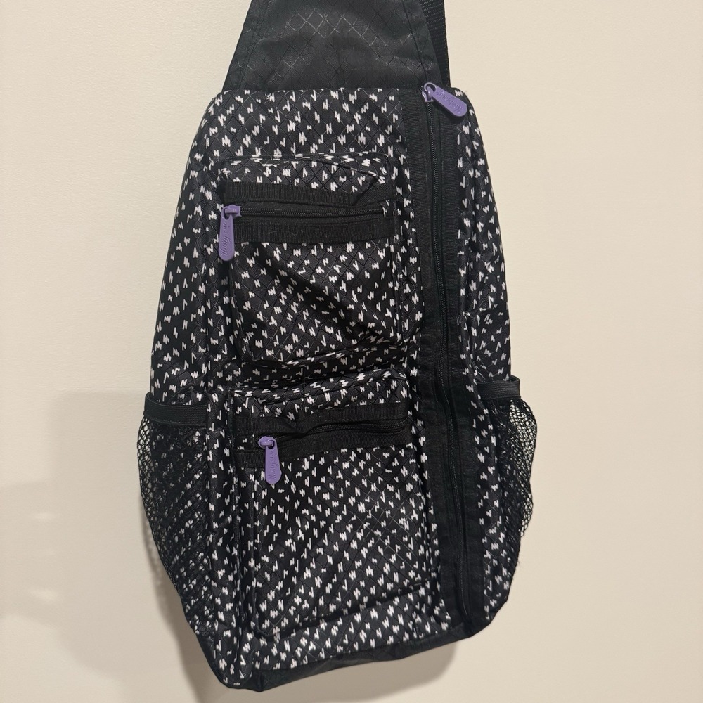 Thirty-One Sling Back Backpack Bag Purse Lil Scribble Black & White & Purple